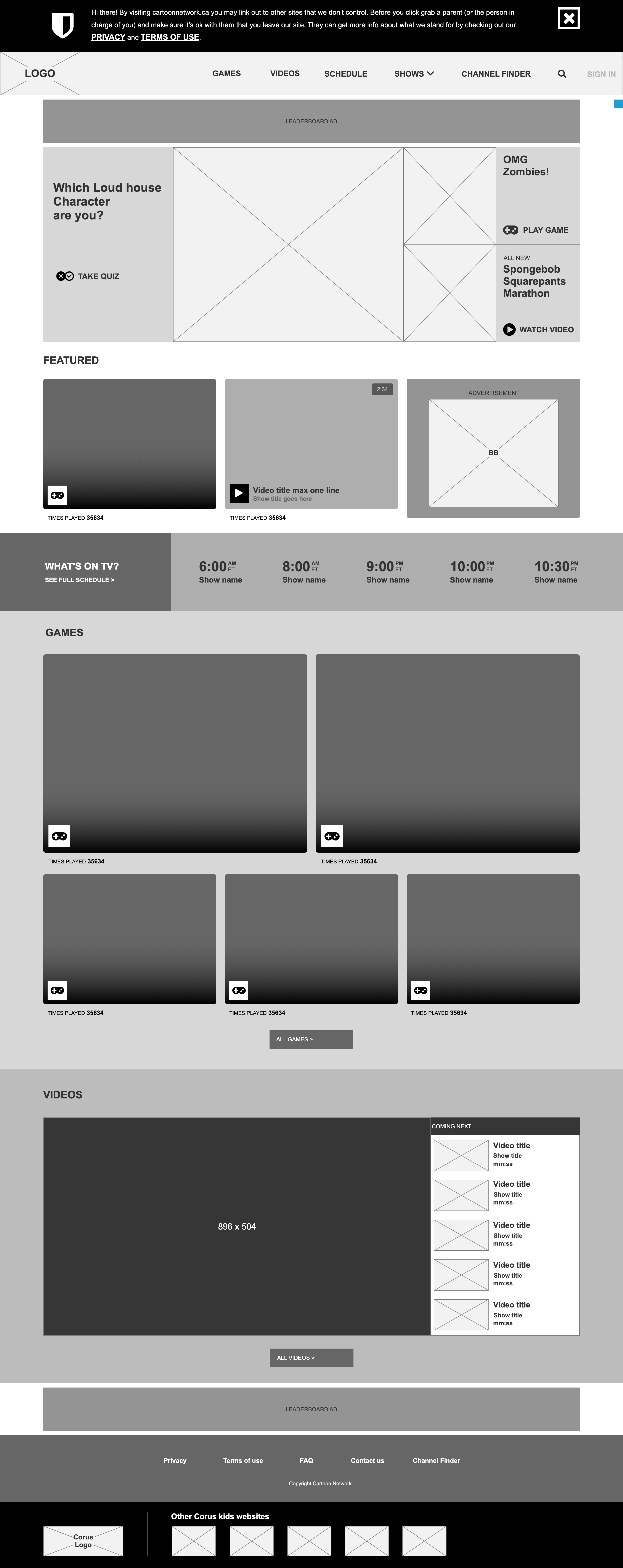 Cartoon Network homepage wireframe