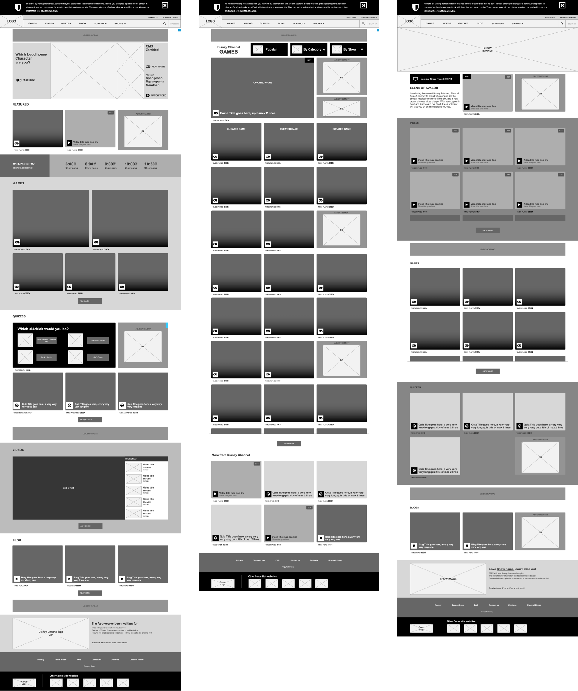 Disney Channel wireframes