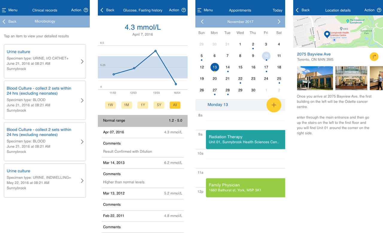 app screens for clinical records and appointments