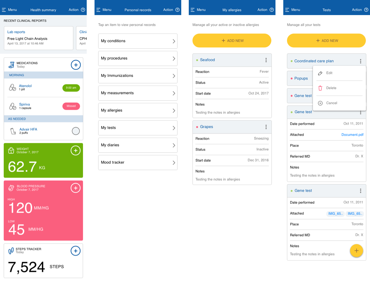 app screens for personal records and the dashboard